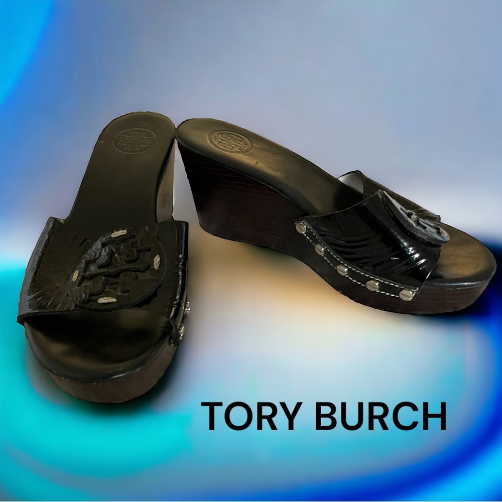 TORY BURCH BLACK PATENT LEATHER MILLER-WEDGE SHOES SLIDES  6